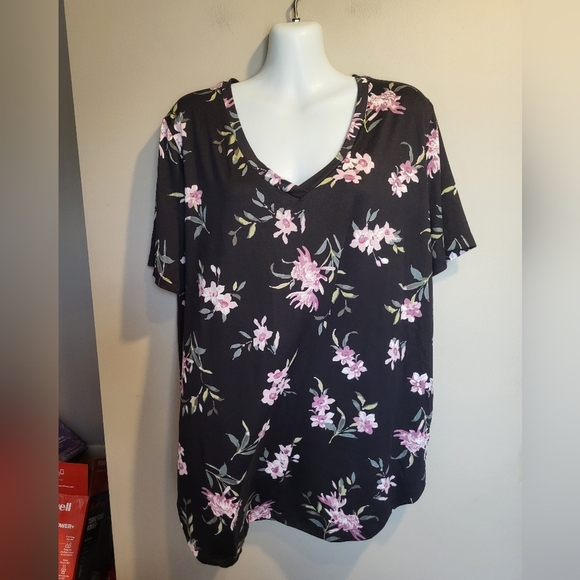 Eclipse Black and Pink Floral Short Sleeve Top, Size XL - Picture 1 of 6